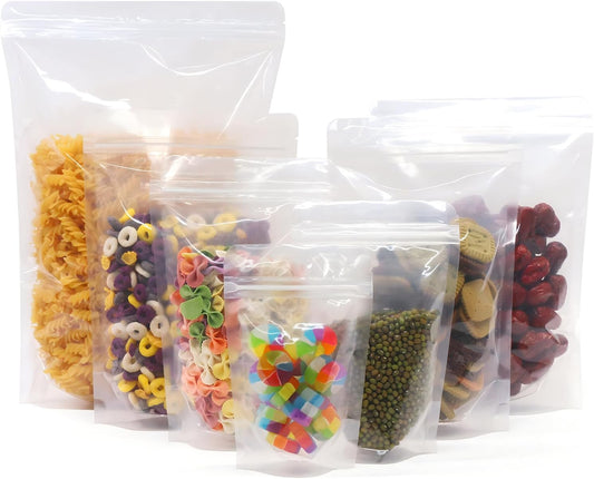 100Pcs Stand Up Pouches | Clear Reusable Snack Bags with Zipper | Heat Resealable, Tear Notch for Cookies, Snacks, Tea, and Food Storage