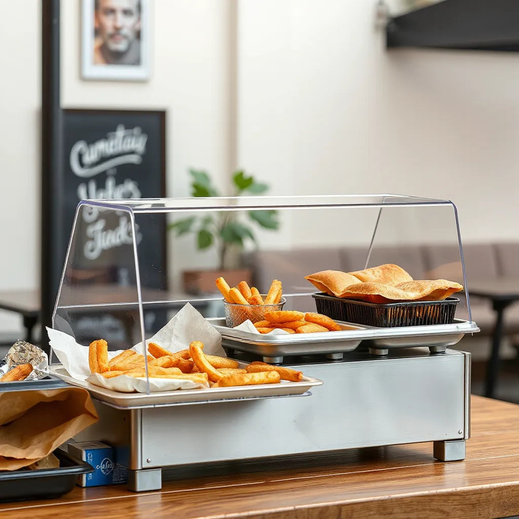 BPA-free food stand with removable trays and sneeze guard for safe food serving