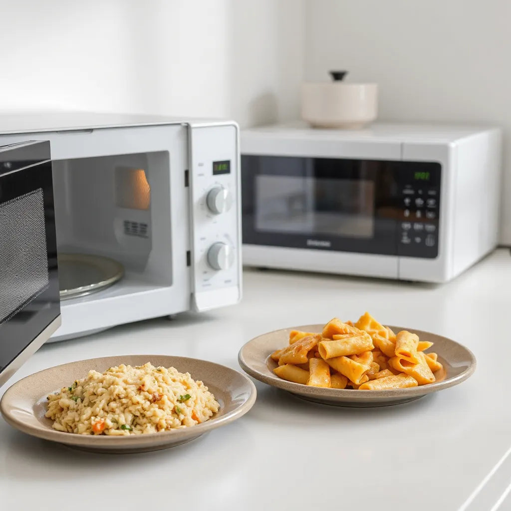 Microwavable dinner plates on a countertop beside an open microwave with steaming reheated food
