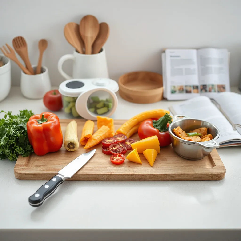 Neatly organized meal-prep setup on a clean kitchen counter with vegetables, containers, and tools