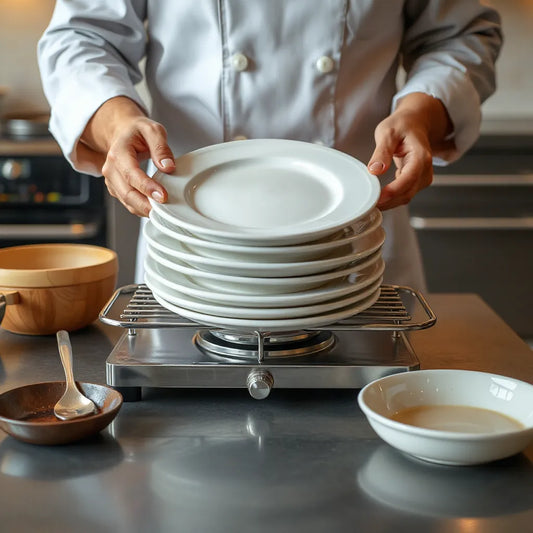 Warm plates resting on a plate warmer rack in a clean kitchen serving area