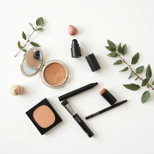 Assorted makeup products and a brush arranged neatly on a clean light surface