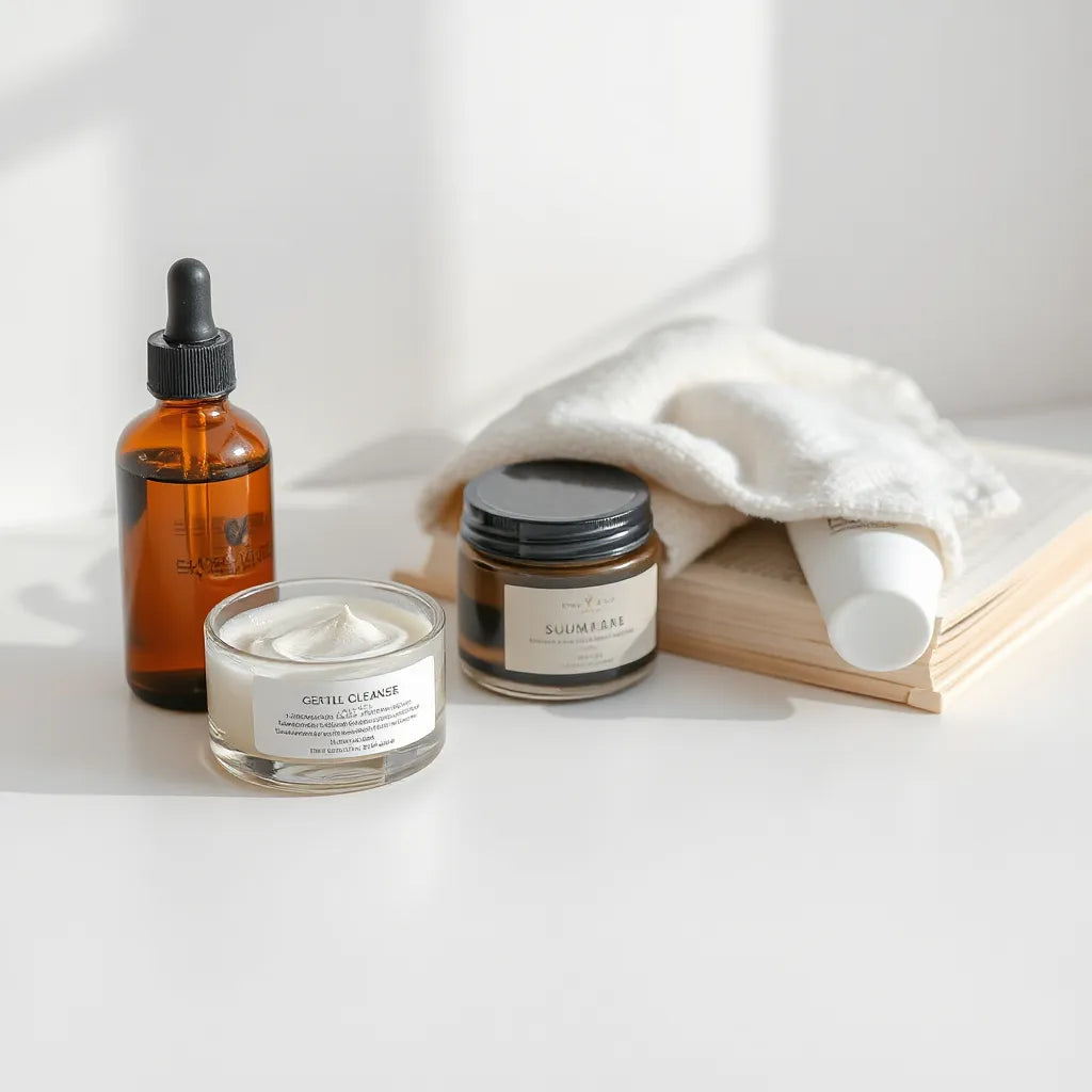 Skincare products arranged on a clean vanity with natural light and a soft towel