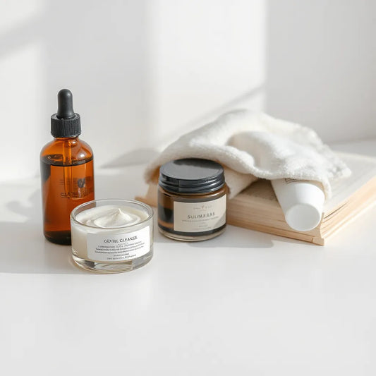 Skincare products arranged on a clean vanity with natural light and a soft towel