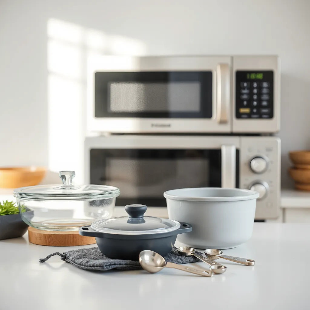Microwave-safe cookware and tools on a kitchen counter beside a running microwave
