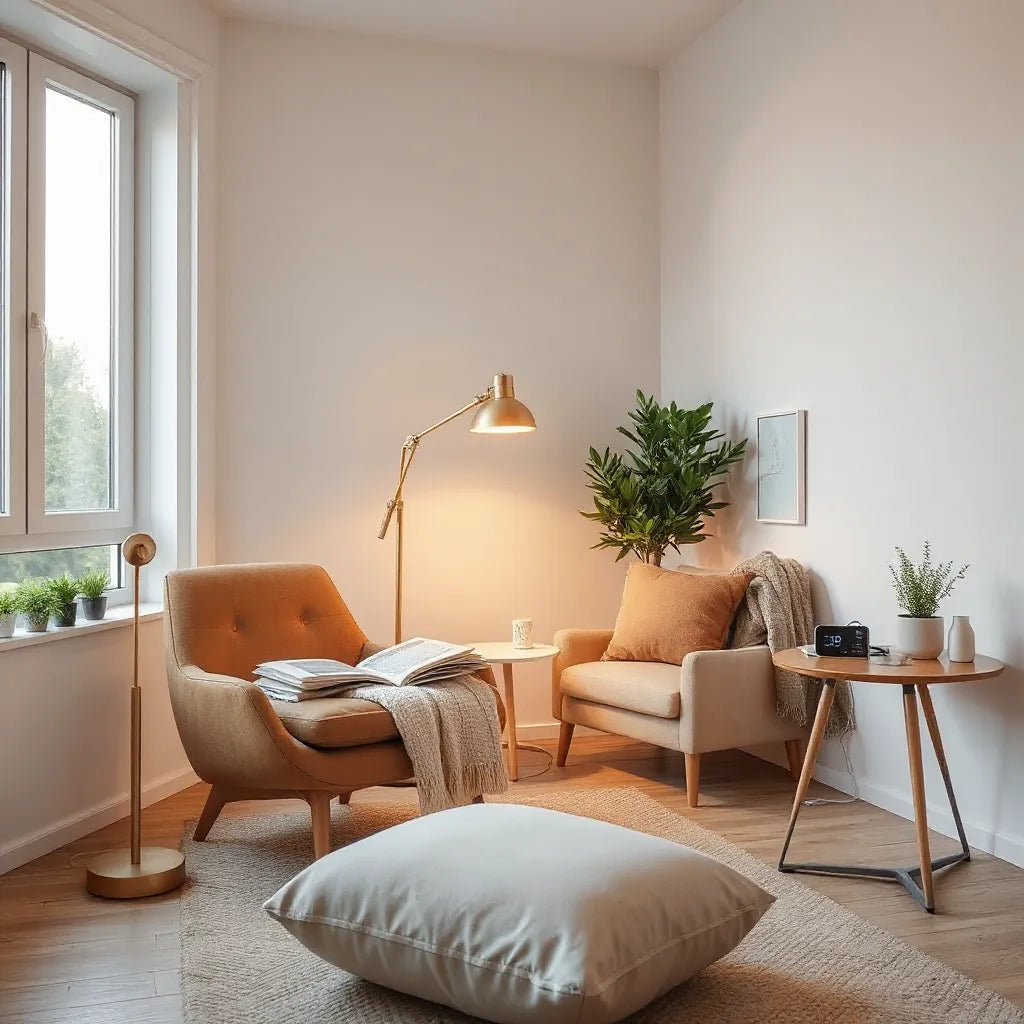 Bright modern living room with cozy seating, warm lighting, and a subtle smart home device