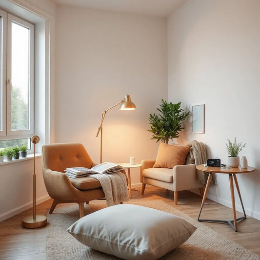 Bright modern living room with cozy seating, warm lighting, and a subtle smart home device