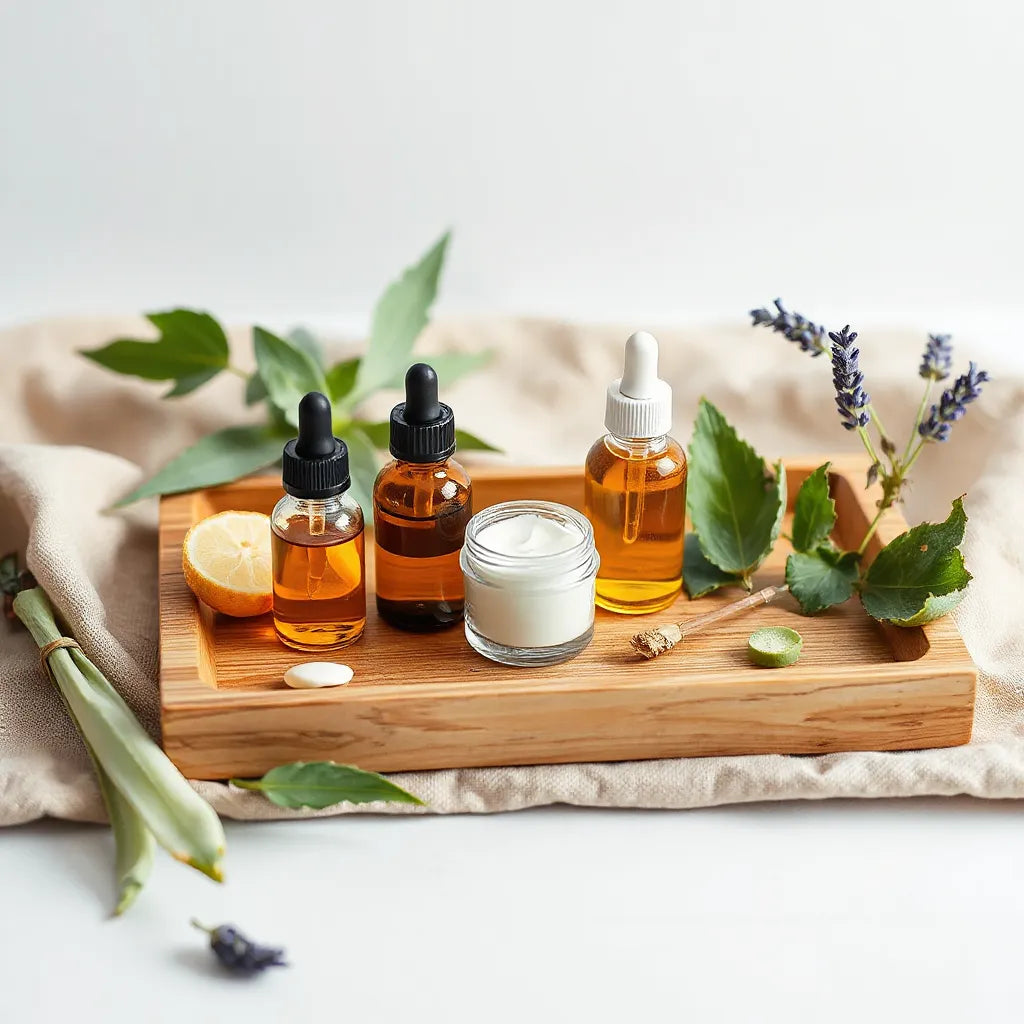 Organic skincare bottles and cream jar on a wooden tray with fresh botanicals