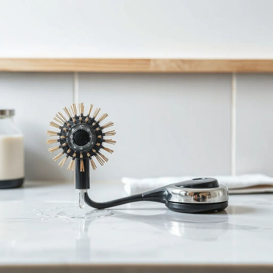 High-speed spin brush with rotating bristles on a clean countertop near a lightly soiled tile surface