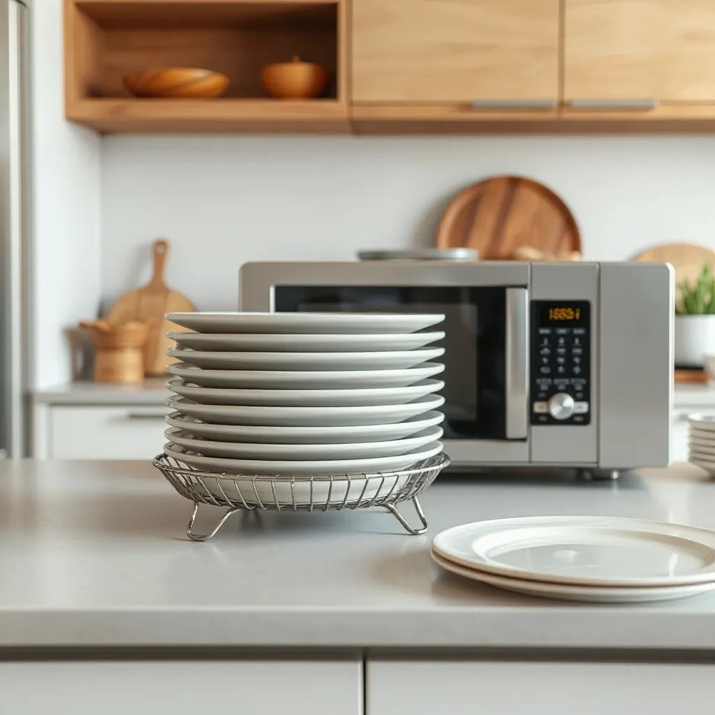Microwave plate stacker holding neatly stacked microwave-safe plates on a countertop