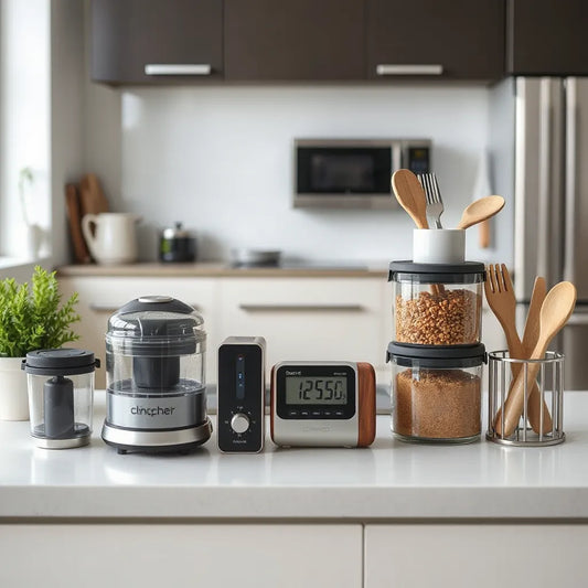 Clean countertop with time-saving prep tools like a chopper, timer, and stackable containers