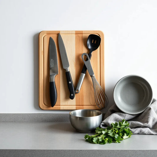 Neatly arranged modern kitchen tools on a countertop beside a cutting board and bowl