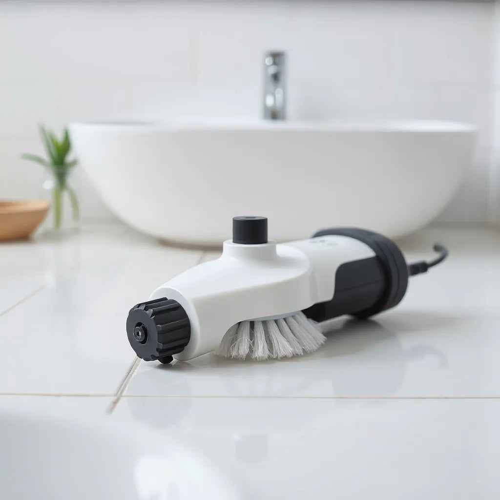 Electric rotating scrub brush cleaning bathroom tile grout with visible scrubbing action
