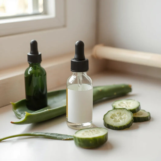 Natural face serum dropper bottles with aloe and cucumber on a minimal vanity.
