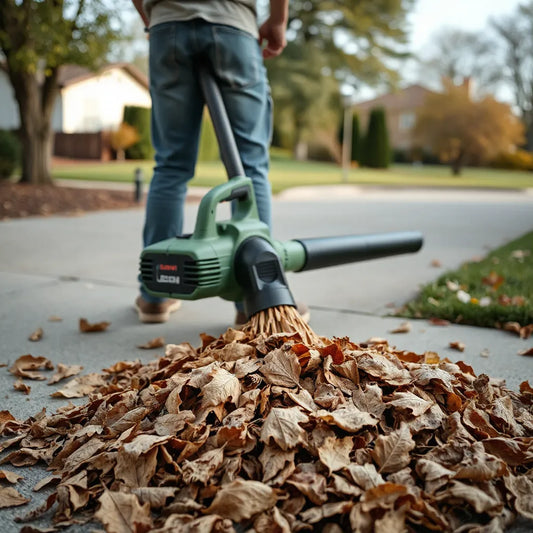 Cordless leaf blower clearing dry leaves from a driveway near a clean lawn