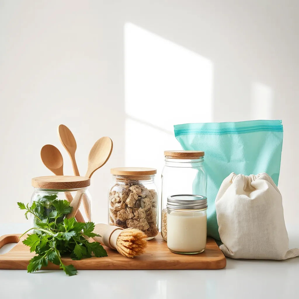 Bamboo utensils, reusable storage bags, and glass containers on a bright kitchen countertop