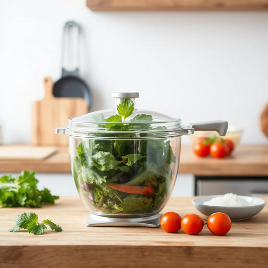Salad spinner with fresh greens in a clear bowl on a kitchen countertop