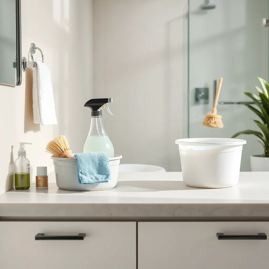 Bright bathroom counter with cleaning supplies, microfiber cloth, and soapy bucket beside a spotless shower area