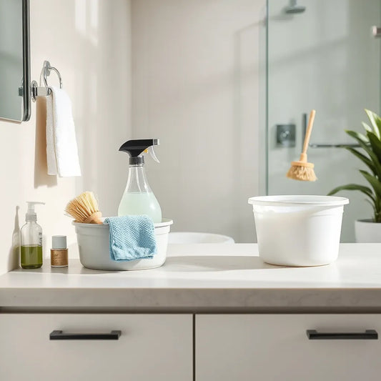 Bright bathroom counter with cleaning supplies, microfiber cloth, and soapy bucket beside a spotless shower area