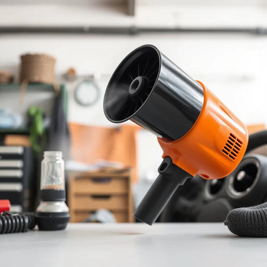 Handheld automotive air blower directing airflow at car dashboard vents in a clean garage