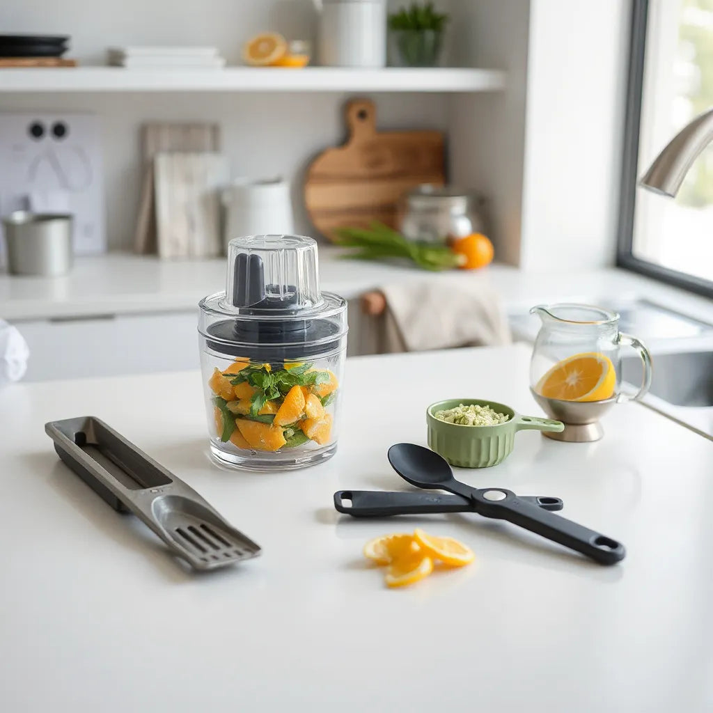 Assorted multi-functional cooking tools on a clean kitchen countertop
