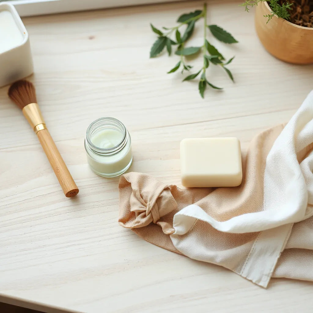 Eco-friendly skincare essentials on a light wooden vanity, including a glass jar, dropper bottle, bar soap, and bamboo brush.