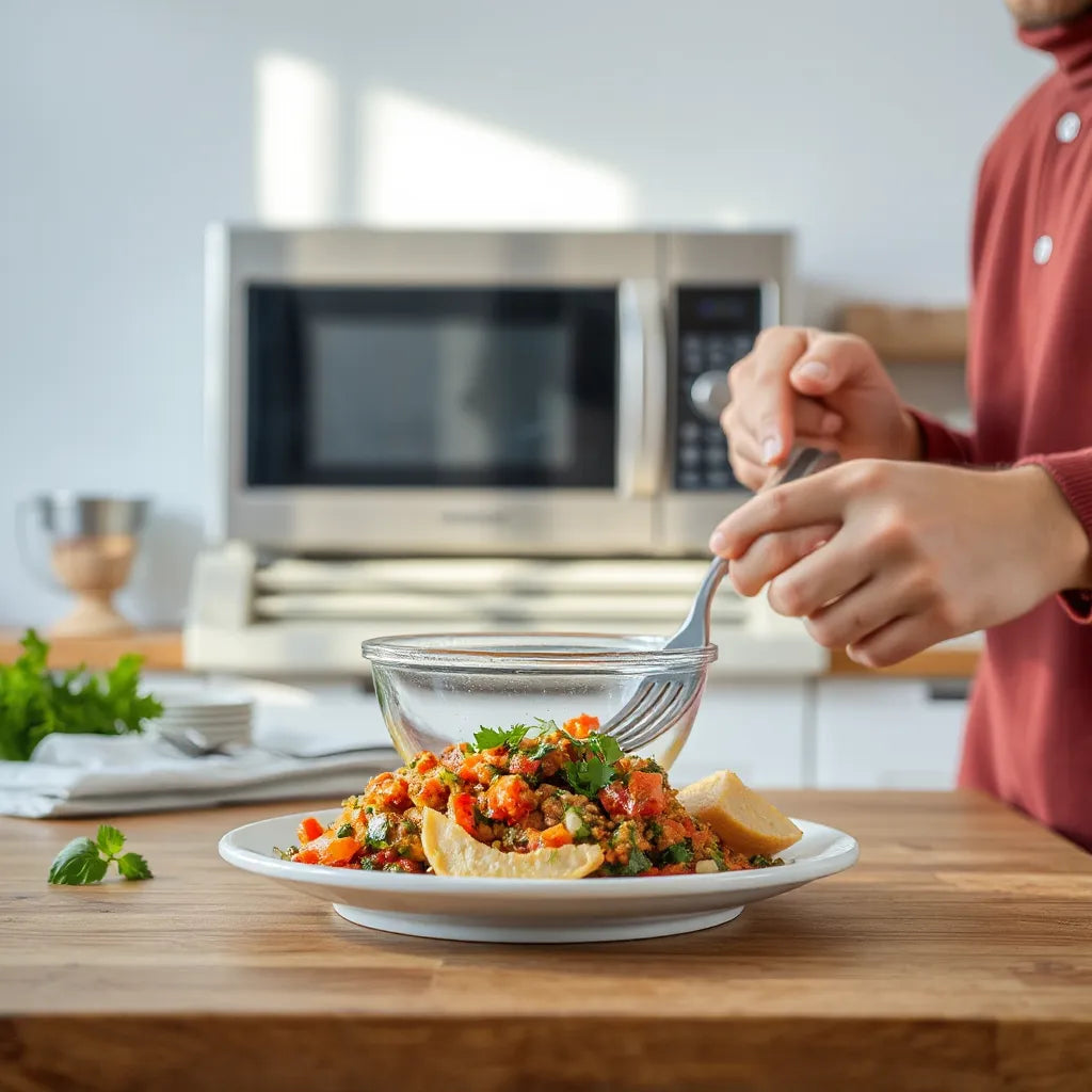 Microwave-safe bowl being prepared on a kitchen counter with a glass measuring cup and lid