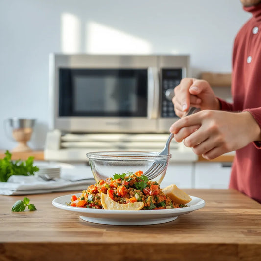 Microwave-safe bowl being prepared on a kitchen counter with a glass measuring cup and lid