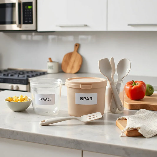 BPA-free silicone spatula and reusable food storage containers on a clean kitchen countertop