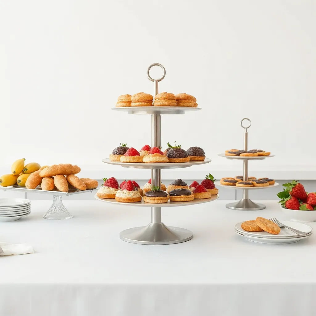 Tiered food display stand with neatly arranged pastries and fruit for a catered event