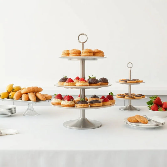 Tiered food display stand with neatly arranged pastries and fruit for a catered event