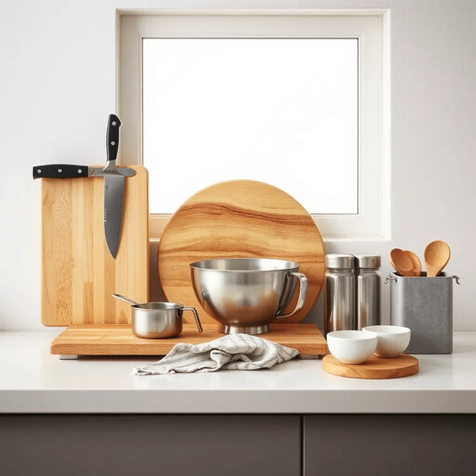 Neatly arranged everyday kitchen tools on a bright countertop with knife, cutting board, and utensils