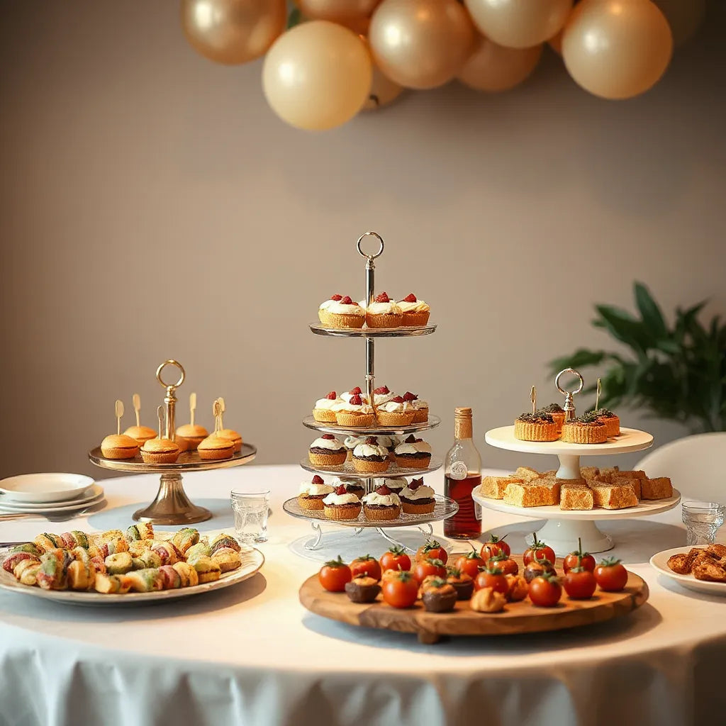 Tiered food display stand with desserts and appetizers on an elegant party table