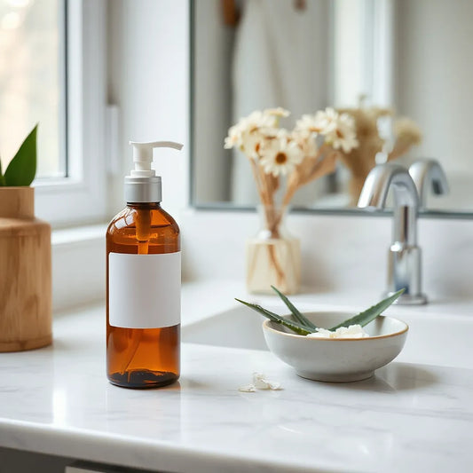 Sulfate-free shampoo bottle with natural ingredients like aloe and chamomile on a clean bathroom vanity