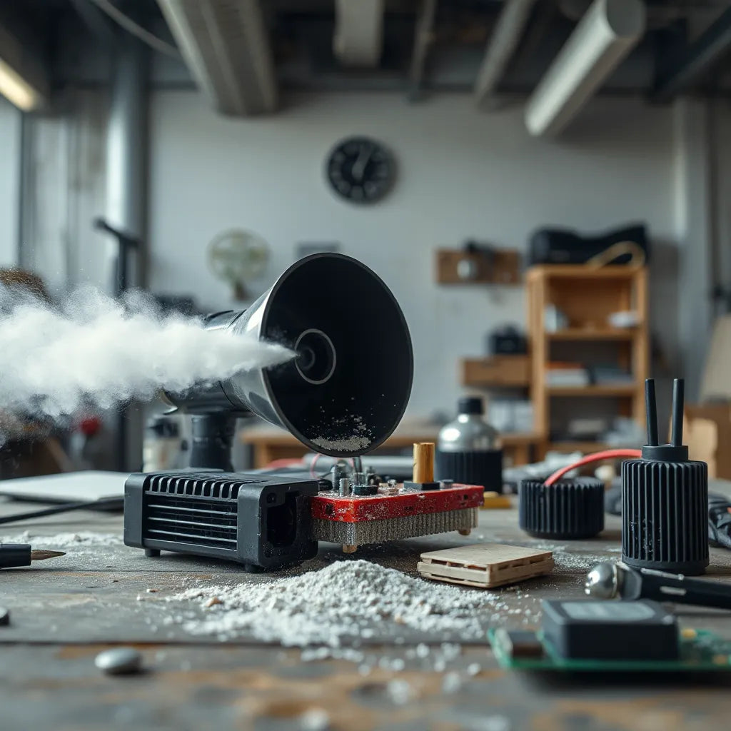 High-velocity air blower nozzle blowing dust off a workbench and electronic components
