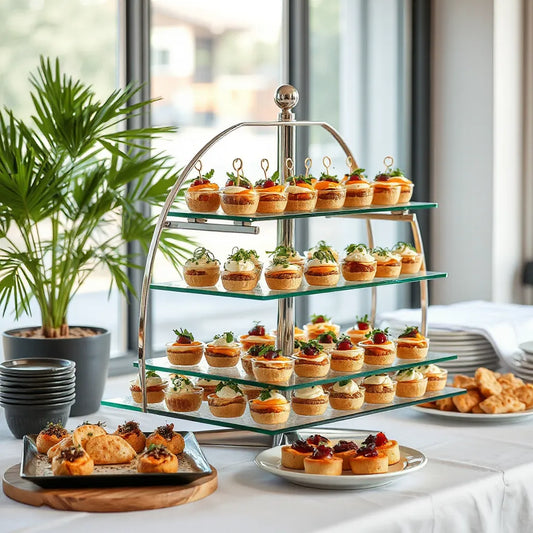 Modern food display stand holding neatly arranged appetizers on multiple levels