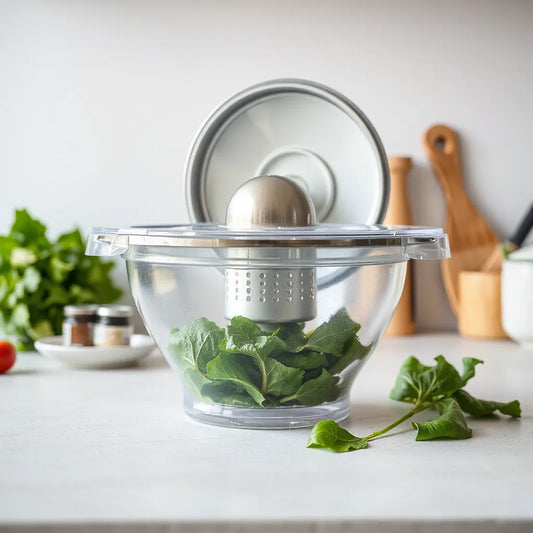 Salad spinner with open basket and visible double drainage holes on a clean countertop