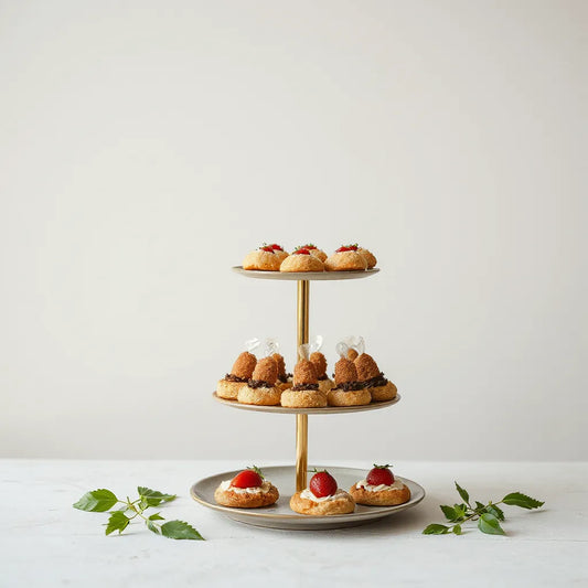 Two-tier food stand showcasing appetizers and desserts on two levels for catering and hosting