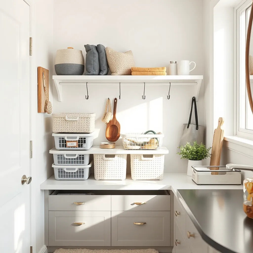 Neatly organized entryway and closet with storage bins, drawer dividers, and hanging hooks