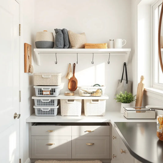 Neatly organized entryway and closet with storage bins, drawer dividers, and hanging hooks