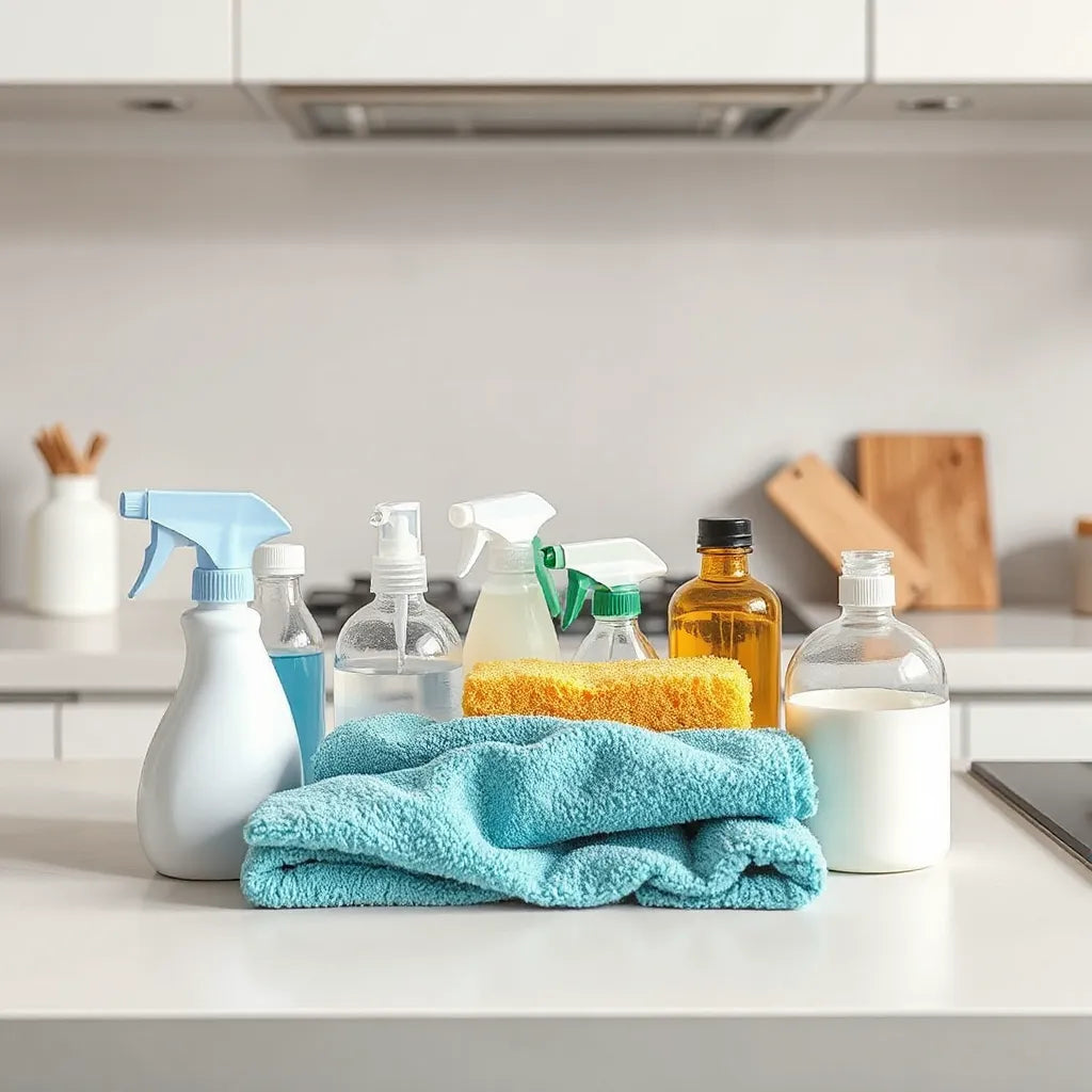 Assorted cleaning products, microfiber cloths, and sponges arranged on a kitchen counter