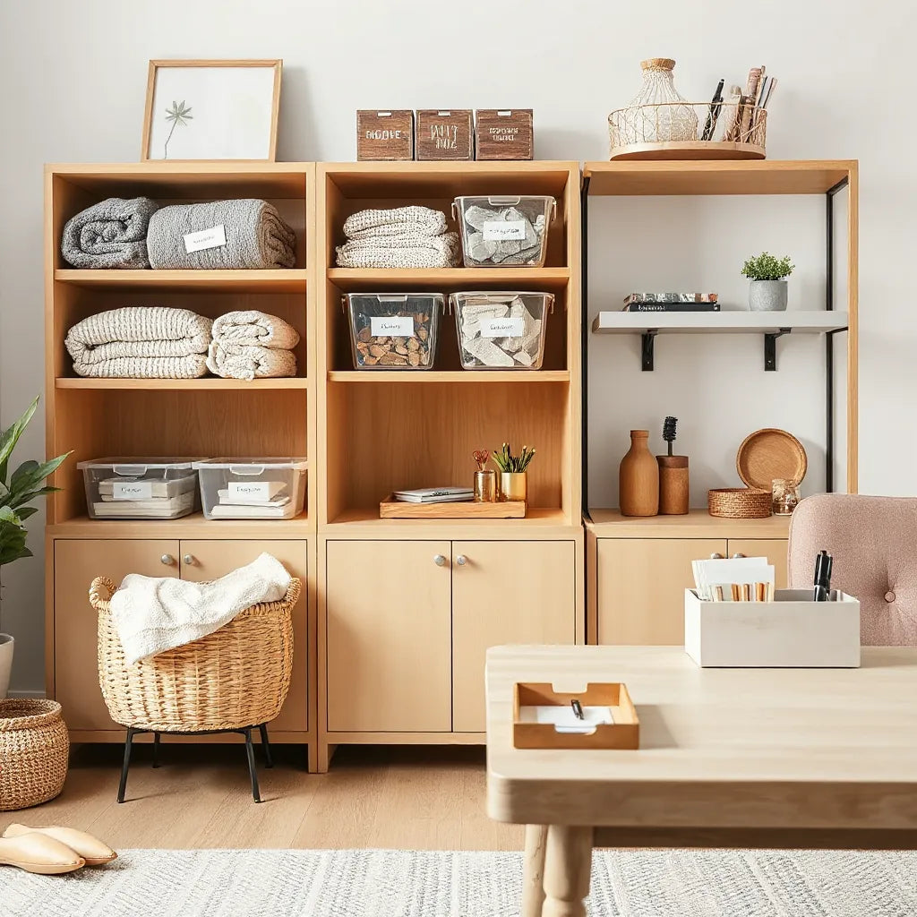 Bright living room with neatly arranged storage bins, baskets, and tidy surfaces