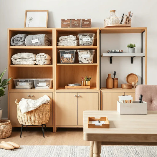 Bright living room with neatly arranged storage bins, baskets, and tidy surfaces