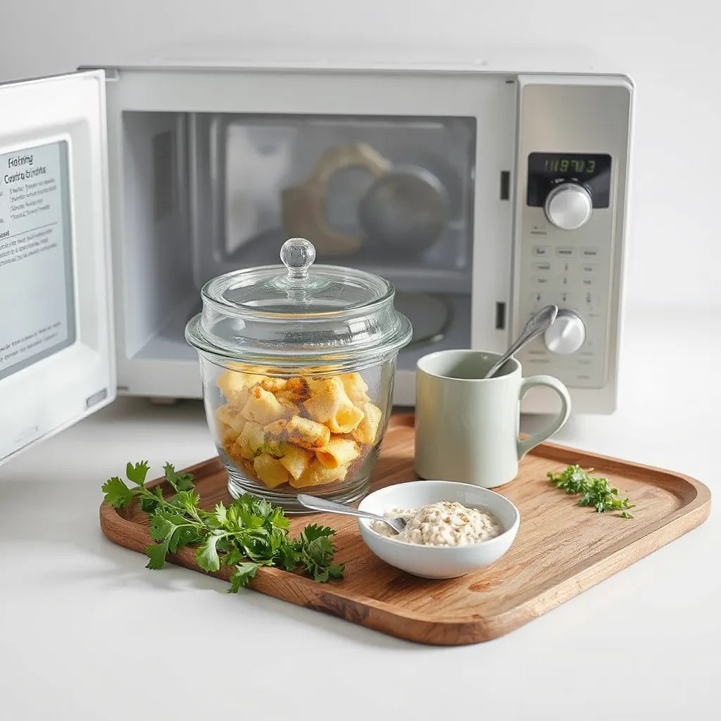 Assorted quick microwaved meals on a counter near a microwave, ready to serve