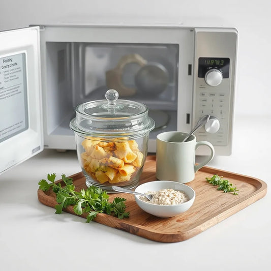 Assorted quick microwaved meals on a counter near a microwave, ready to serve