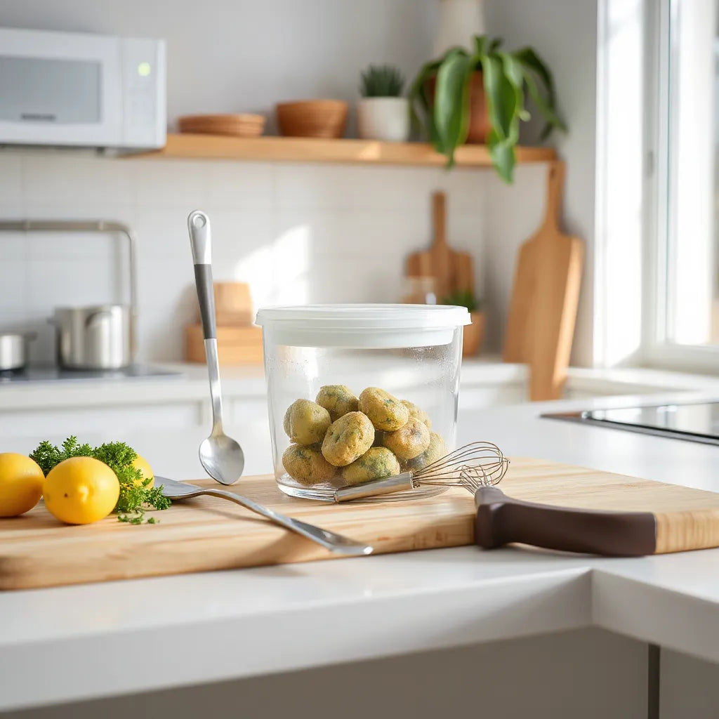 BPA-free kitchen tools on a clean countertop, including silicone lids and utensils