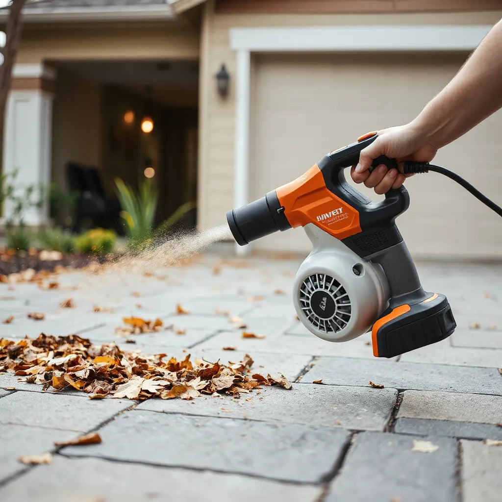 Cordless blower gun blowing leaves and dust off a paved driveway near a garage