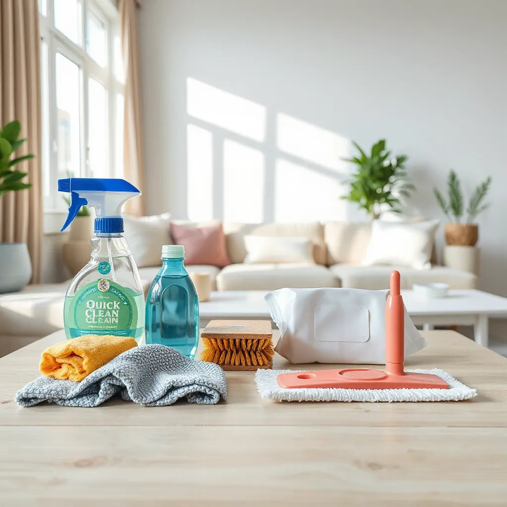 Assorted cleaning tools and microfiber cloth arranged on a table in a bright living room
