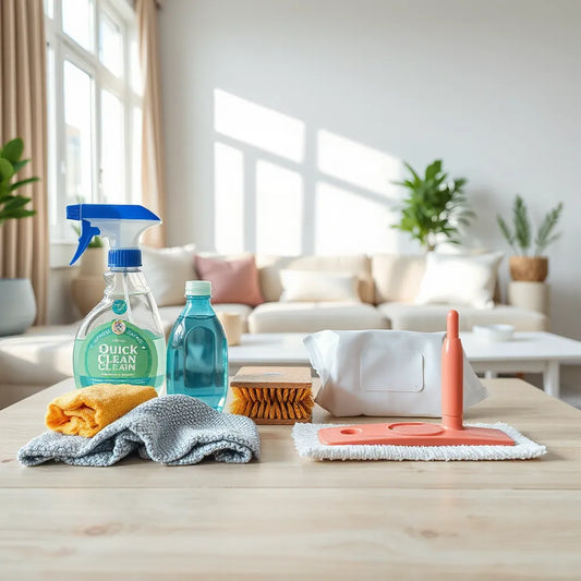 Assorted cleaning tools and microfiber cloth arranged on a table in a bright living room