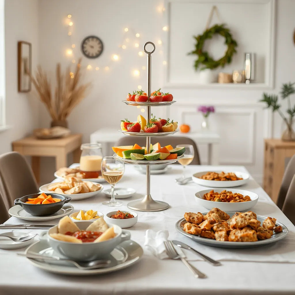 Tiered serving stand with assorted appetizers and platters arranged neatly on a party table